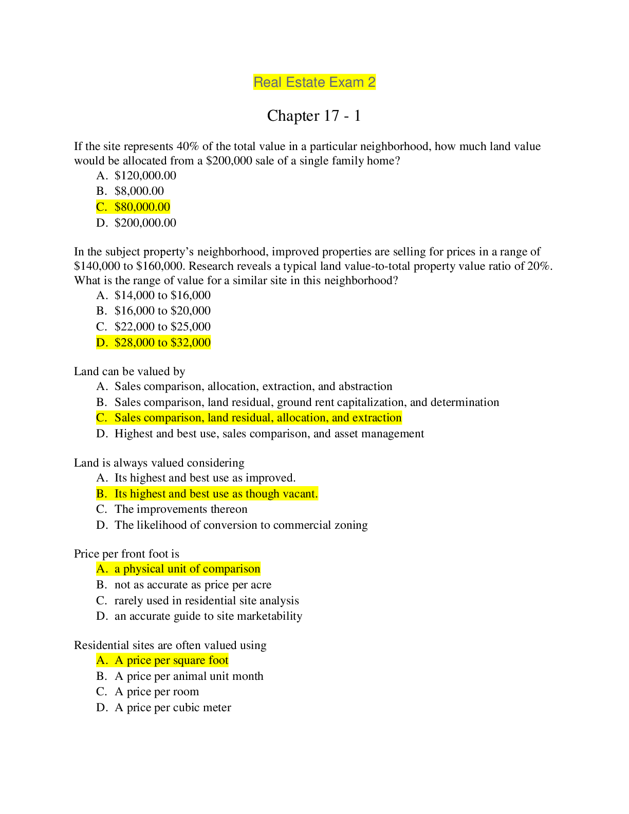 Preview of REE 4103 Real Estate Exam 2-Quiz Questions and Answers